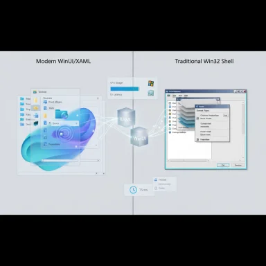 A split diagram contrasting Modern WinUI/XAML UI on the left with the traditional Win32 shell on the right.