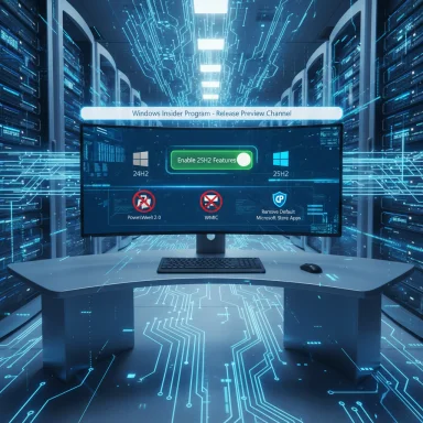 Futuristic data-center desk with a monitor showing a Windows Insider toggle and feature icons.
