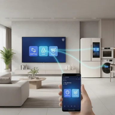 A hand holds a smartphone to control a smart-home system—TV, fridge, and appliances.
