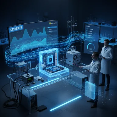 Two scientists in a high-tech lab monitor holographic data streams at a transparent workstation.