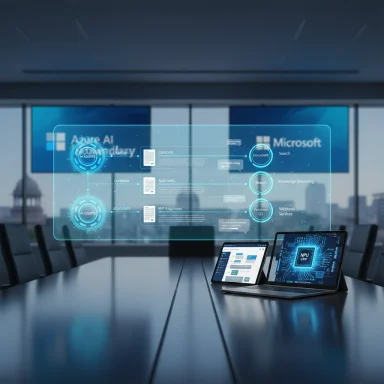 A futuristic conference room with a translucent holographic AI interface hovering above a long table.
