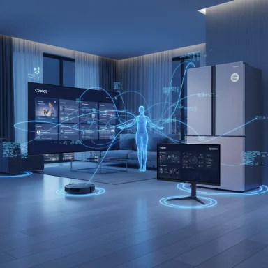 A futuristic living room with a holographic AI figure linking smart devices across a digital network.