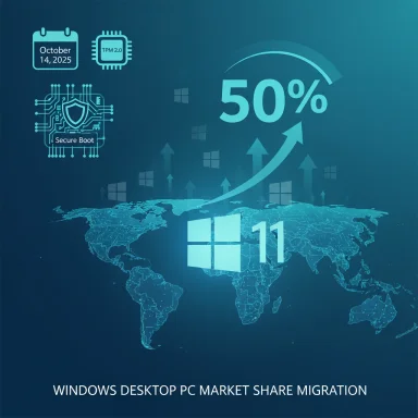 World map shows Windows 11 reaching 50% desktop market share.