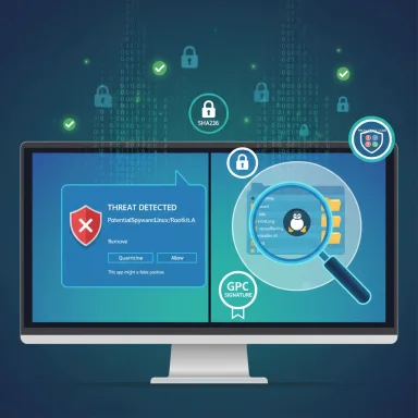 Cybersecurity illustration: a PC screen shows a Threat Detected alert with magnified file analysis.