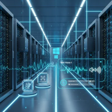 A futuristic data center with neon blue lighting, rows of servers, and holographic UI overlays.