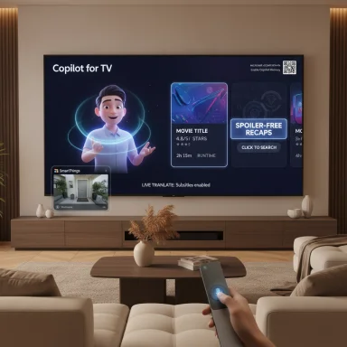 In a living room, a person uses a handheld device to control a large TV displaying Copilot for TV.