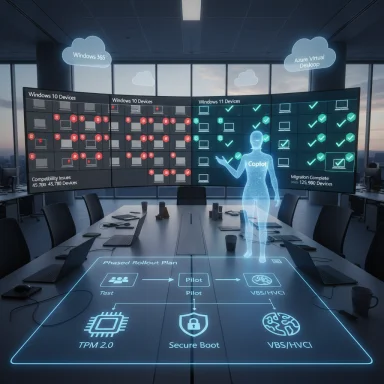 Futuristic briefing room with a holographic rollout plan and curved screens showing Windows deployments.