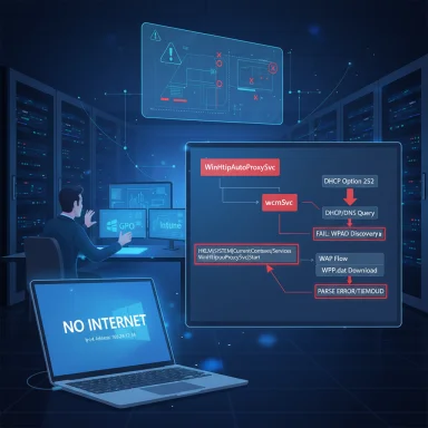 A data-center technician reviews a holographic network flowchart in a server room while a laptop displays 'NO INTERNET.' A data-center technician reviews a holographic network flowchart in a server room while a laptop displays 'NO INTERNET.'