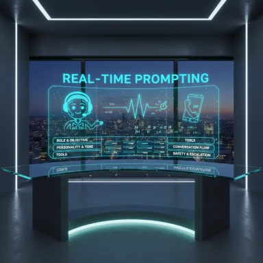 Futuristic control room with a neon-blue holographic display reading 'REAL-TIME PROMPTING' above a glass desk.