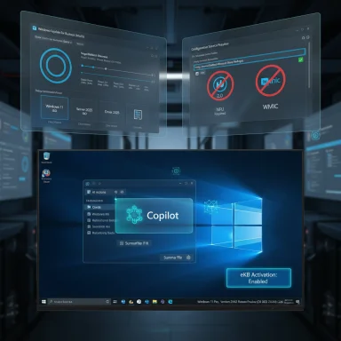 Holographic dashboards hover over a Windows desktop, featuring a Copilot panel.