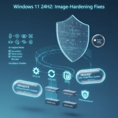 Futuristic Windows 11 security infographic showing image-hardening fixes and update flow.