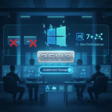 Futuristic control room with a holographic Windows 25H2 Enablement Package display.