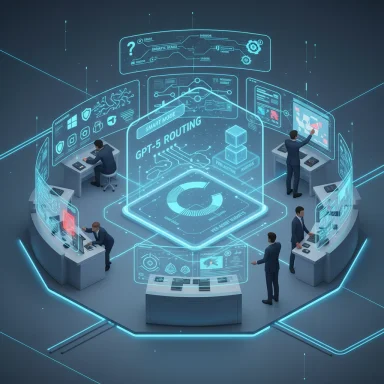 Futuristic command center with holographic screens and staff coordinating GPT-5 routing.