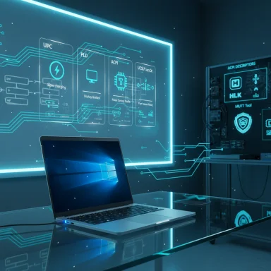 A laptop on a glass desk in a high-tech lab with glowing blue holographic diagrams.