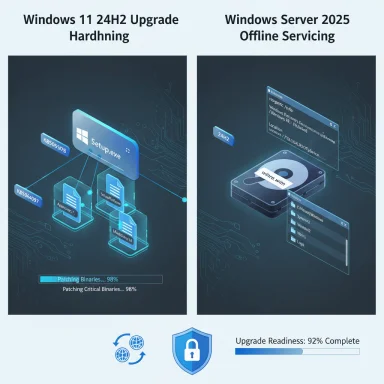 Two-panel concept art: Windows 11 24H2 upgrade and Windows Server 2025 offline servicing.