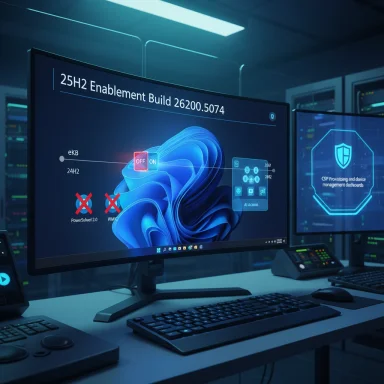 Futuristic data-center setup with a monitor displaying 25H2 Enablement Build 26200.5074 and a security dashboard.