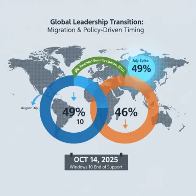 Global Leadership Transition: migration timing shown with two circles at 49% and 46% (Windows 10 end of support).