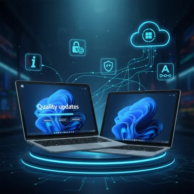 Two laptops on a glowing platform display Quality updates amid blue cloud-tech icons.
