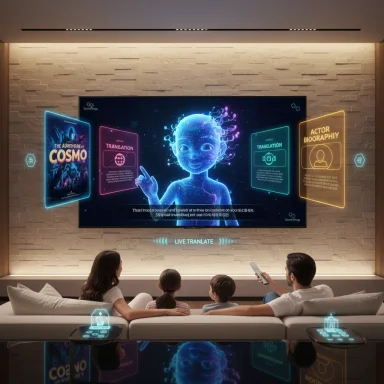 A family sits on a couch watching a holographic, live-translate sci‑fi display around a large TV.