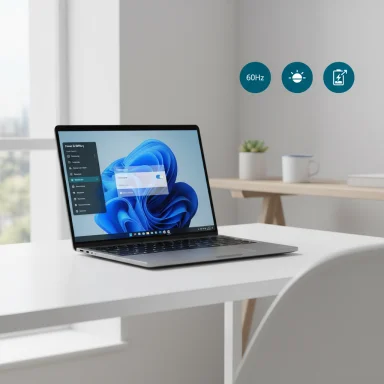 Minimalist workspace with a laptop on a white desk and three teal icons: 60Hz, brightness, and power. Minimalist workspace with a laptop on a white desk and three teal icons: 60Hz, brightness, and power.