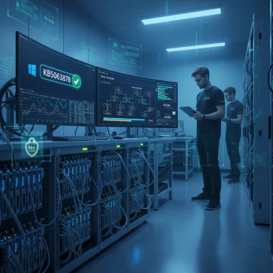 Two technicians monitor complex dashboards in a blue-tinted data center.