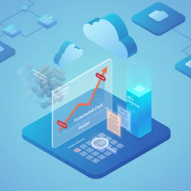 Isometric cloud computing illustration showing forecasted cost on a rising chart with invoices.