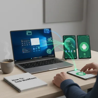 Laptop wires glow-green linking to two smartphones and a tablet, illustrating tech workflows. Laptop wires glow-green linking to two smartphones and a tablet, illustrating tech workflows.
