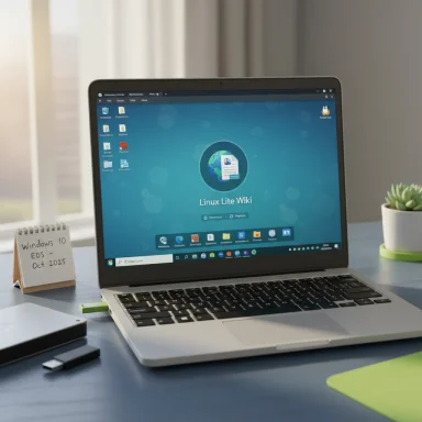 A silver laptop on a blue desk shows Linux Lite Wiki wallpaper with a note about Windows 10 EOS Oct 2025.