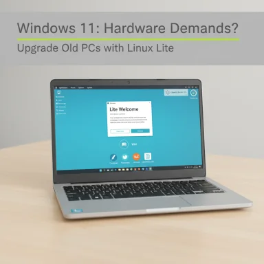 Laptop on a wooden desk displaying the Linux Lite desktop with a “Lite Welcome” window.