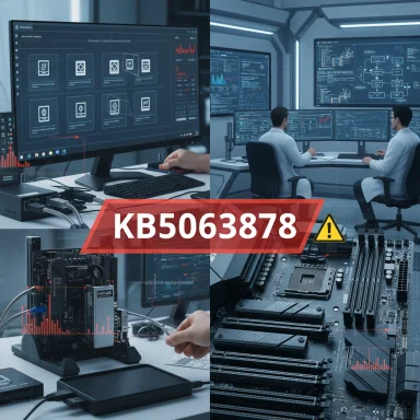 Tech lab collage with monitors, servers, and two researchers under a red KB5063878 banner.
