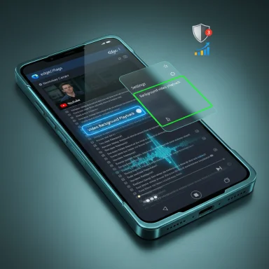 Teal smartphone with a floating Settings panel for background video playback.