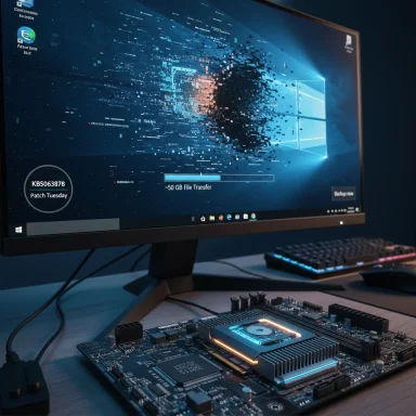 A desktop PC setup with a glowing motherboard on the desk and a Windows file transfer on the monitor.