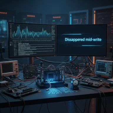 Tech lab bench with dual monitors showing charts and a glowing 'Dissappeered mid-write' message.