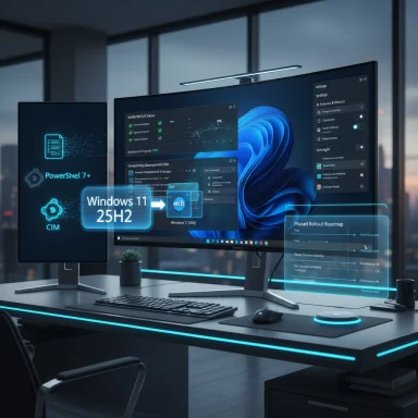Futuristic multi-monitor desk setup with holographic Windows 11 25H2 UI overlays.