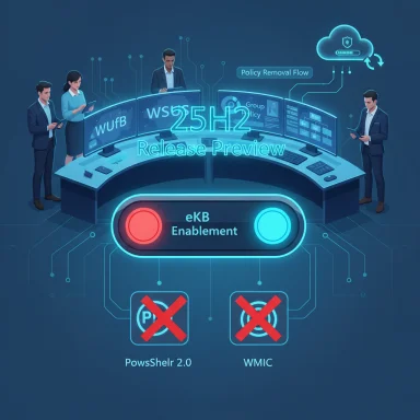 Futuristic command center displays 25H2 Release Preview with eKB Enablement and deprecated tooling.