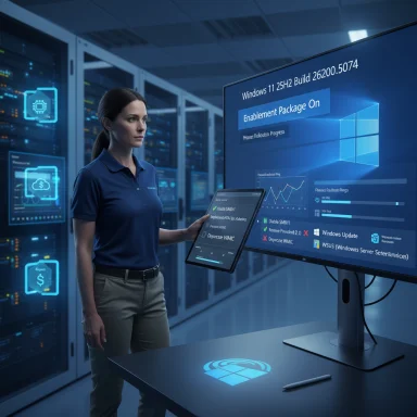 A woman in a data center uses a tablet as Windows 11 enablement appears on a large screen.