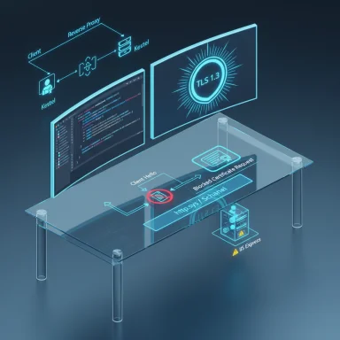A futuristic holographic desk shows TLS 1.3, code, and network proxy diagrams.