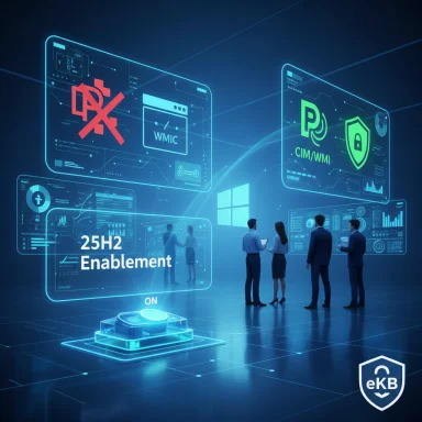 Business team reviews 25H2 enablement on holographic CIM/WMI dashboards.