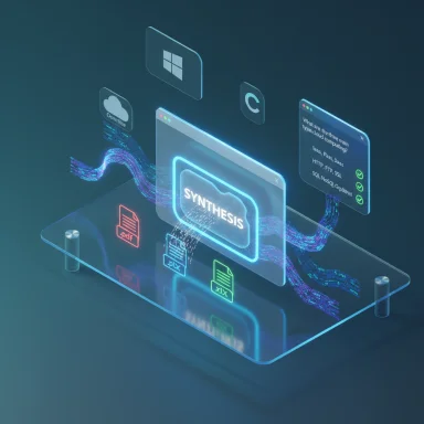 A futuristic holographic interface titled Synthesis with floating file icons and streaming data.