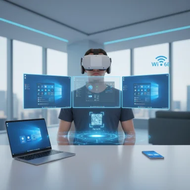 Person wearing a VR headset with floating holographic screens in a futuristic office.