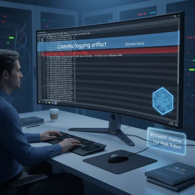 Analyst at a desk reviews a tech dashboard highlighting a cosmetic logging artifact Known Issue.