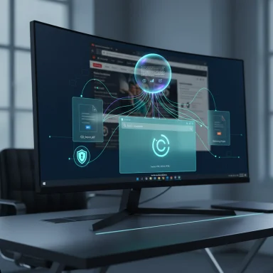 Futuristic desktop showing holographic data-network visualization on a curved monitor.