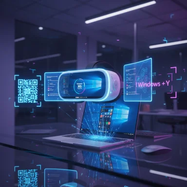 Futuristic VR headset hovers above a laptop, projecting holographic Windows screens.