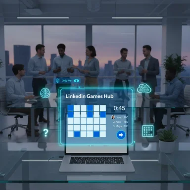 Futuristic holographic UI shows a 'LinkedIn Games Hub' over a laptop as coworkers discuss in a modern office.