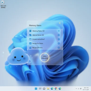 Windows desktop with a translucent Memory Items dialog and an NPU Inference button, beside a cute blue cloud icon.