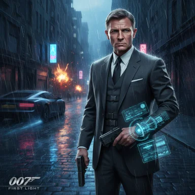 A sharp secret agent in a suit stands in a rain-soaked, neon-lit city with holographic gadgets on his arm.