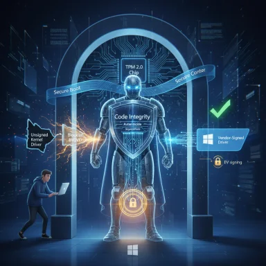 A futuristic guardian robot protects code integrity with TPM 2.0, secure boot, and signed drivers.