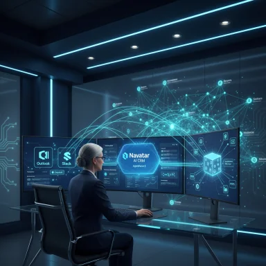 A businesswoman in a suit monitors Navatar AI CRM on three screens in a neon-blue high-tech control room.