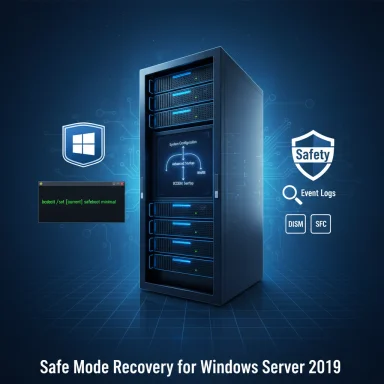 A server rack with Windows Safe Mode recovery tools and security icons for Windows Server 2019.