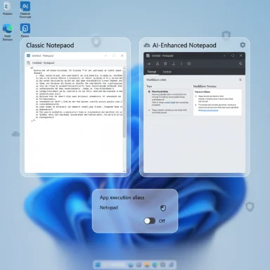 Two floating Notepad windows, Classic and AI-Enhanced, on a Windows desktop.
